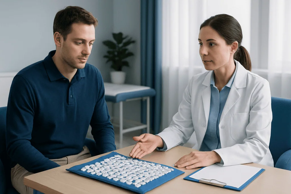 Doctor explaining acupressure mat benefits to patient in consultation room.