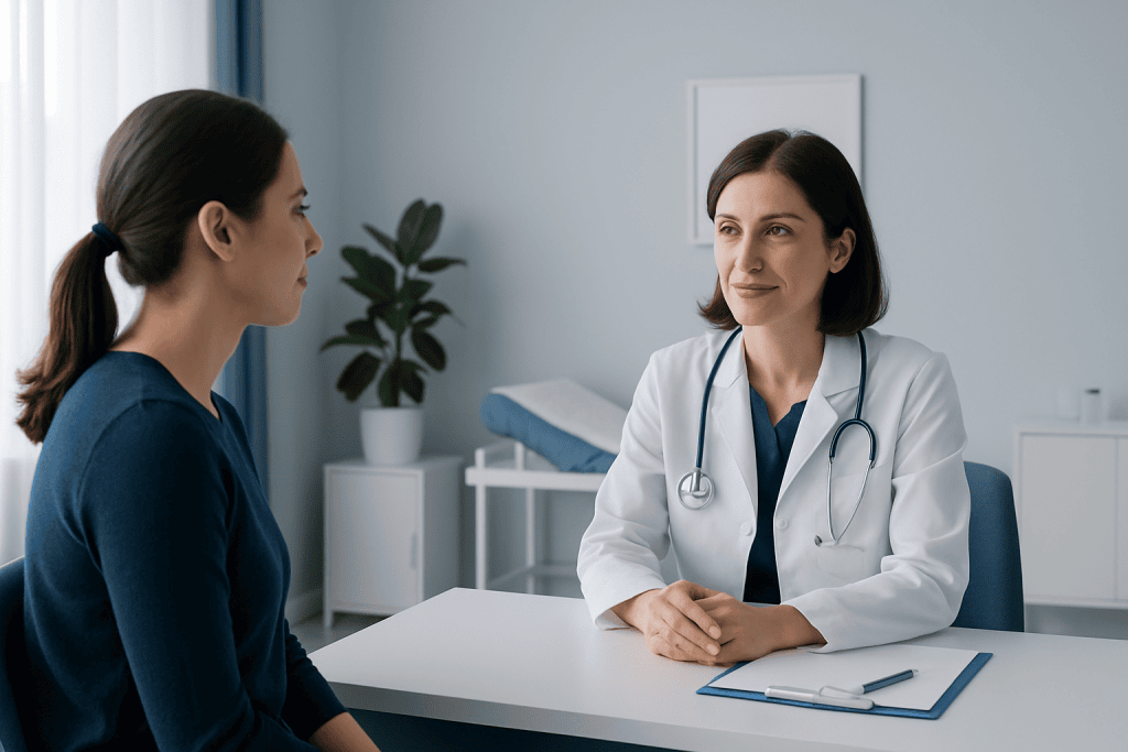 Doctor consulting with patient in a modern medical office.