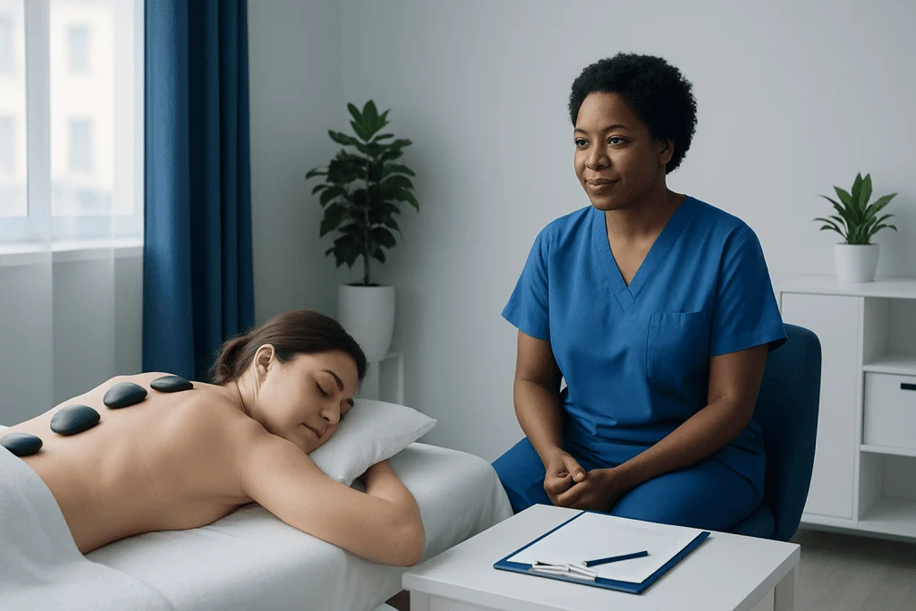 Therapist performing hot stone massage on patient in a wellness clinic.
