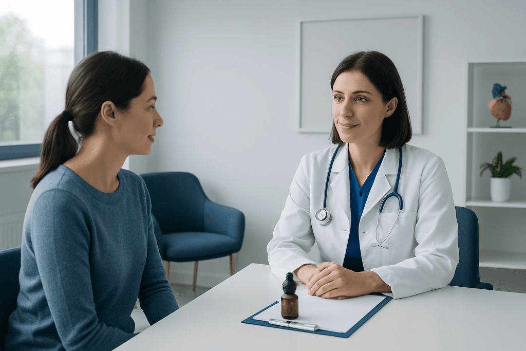 Doctor consulting with a patient in a modern medical office.
