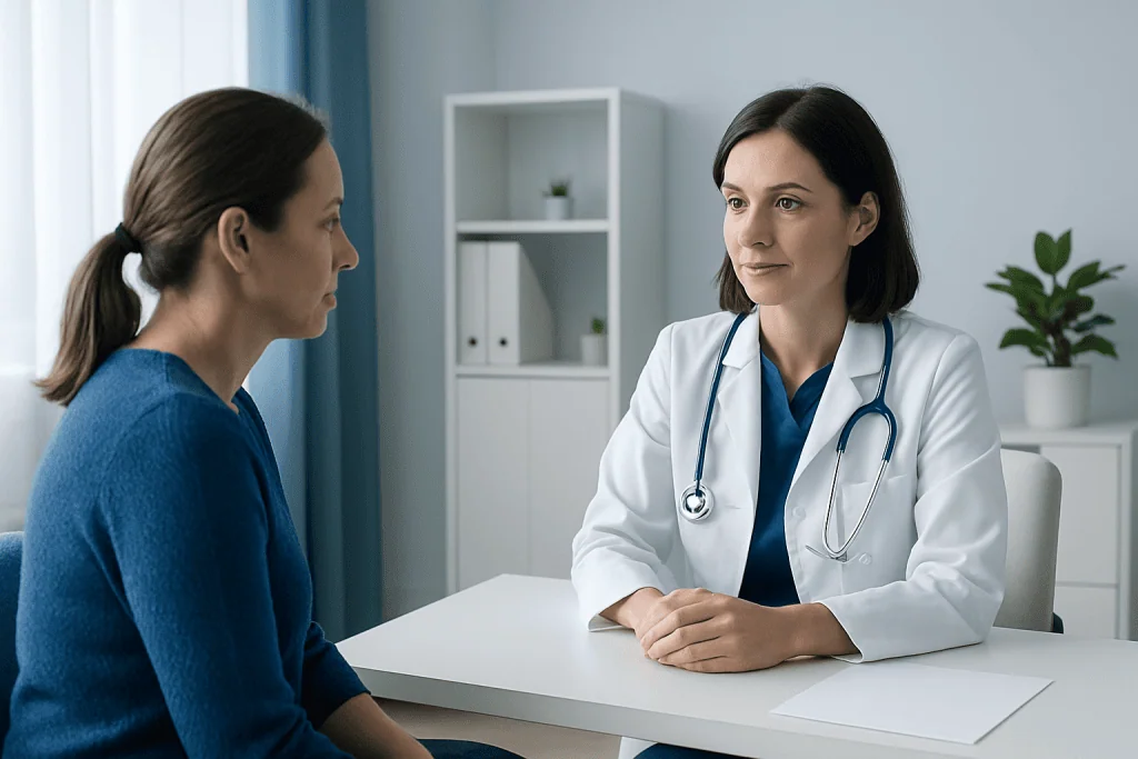 Doctor consulting with a patient in a modern medical office.