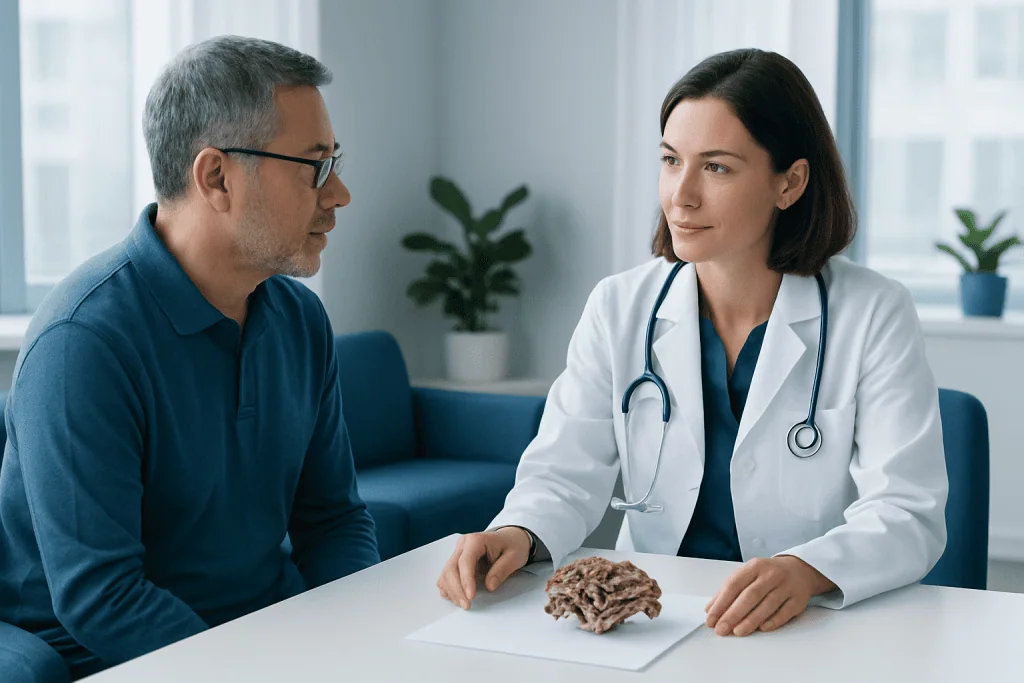Doctor consulting with patient in a hospital setting with Maitake mushroom on table.