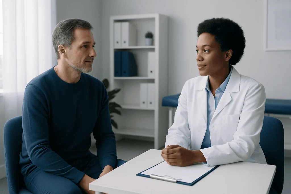 Doctor consulting with a patient in a medical office setting.