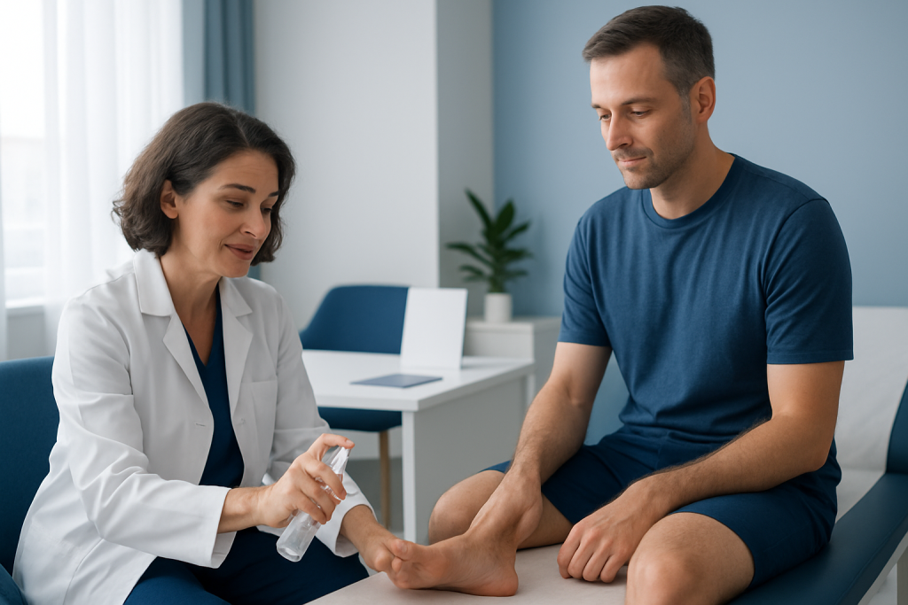 Doctor applying magnesium oil to patient's foot in a clinical setting.