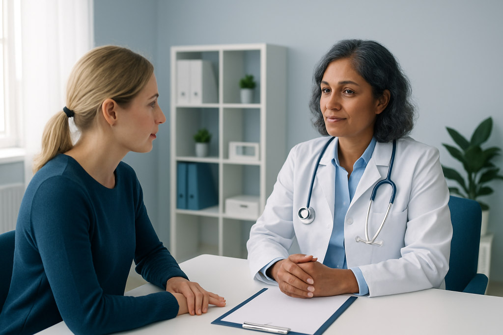 Doctor consulting with a patient in a modern medical office setting.