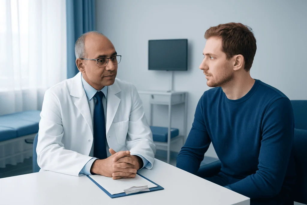 Doctor consulting with a young male patient in a medical office.