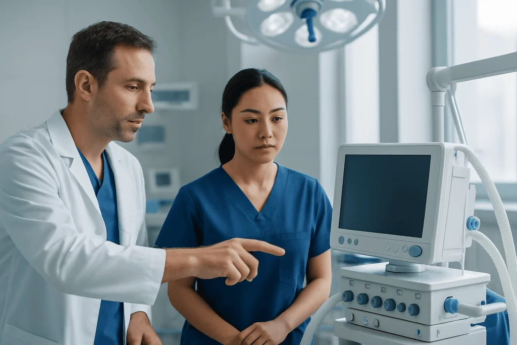 Doctors discussing patient care with medical equipment in hospital.