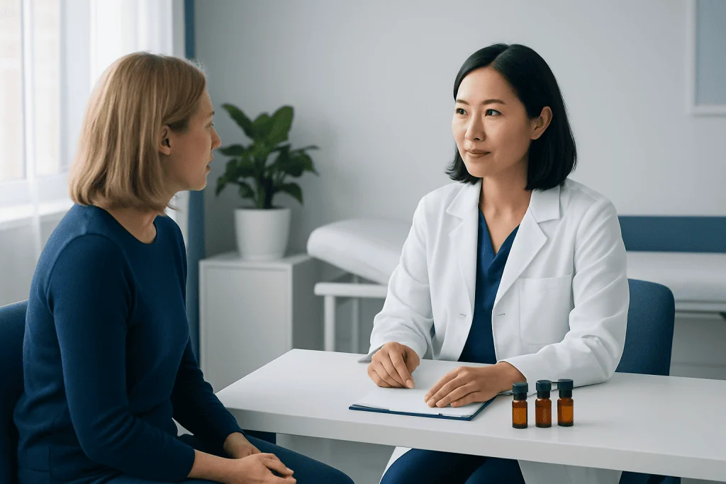 Doctor consulting with a patient about essential oils in a clinical setting.