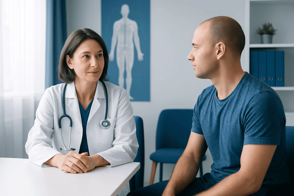 Doctor consulting with patient in a medical office setting.