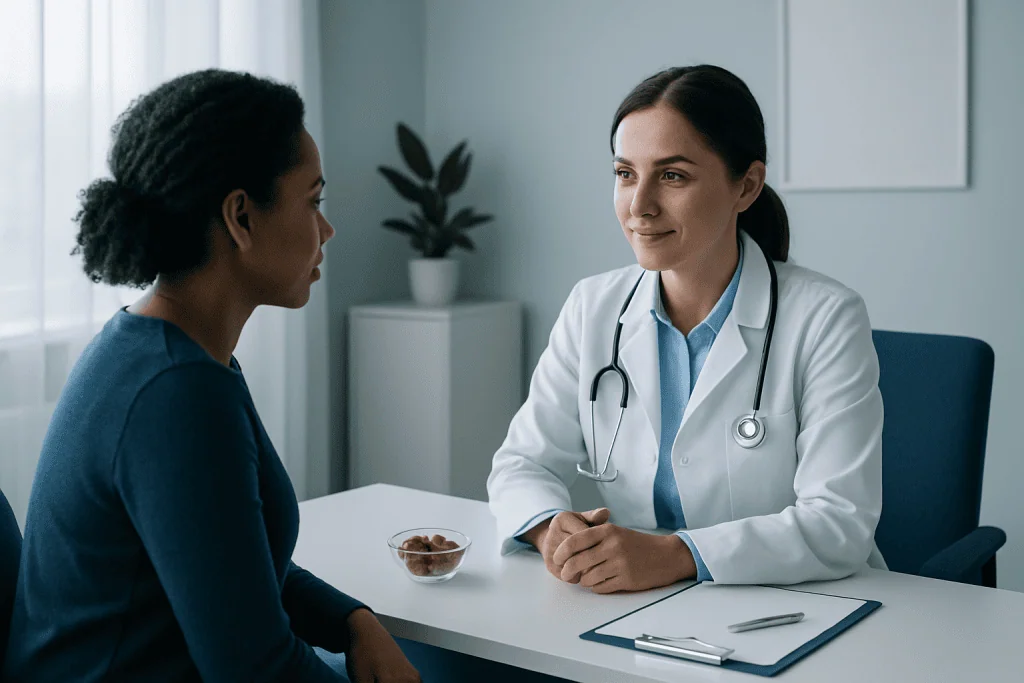 Doctor consulting with a patient in a modern medical office.