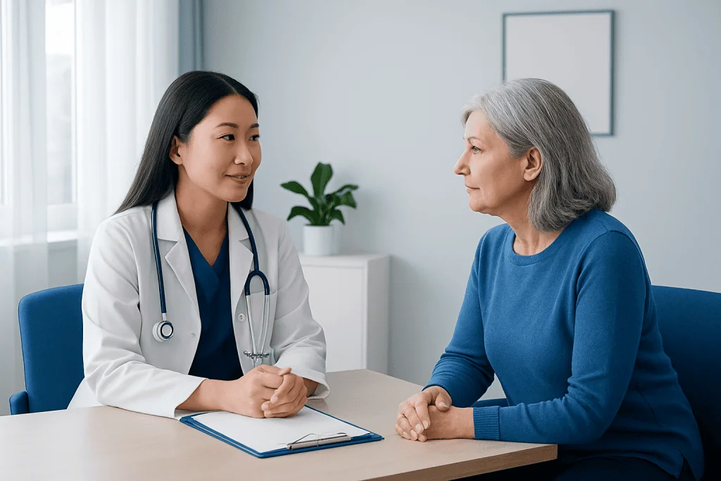 Doctor consulting with an elderly female patient in a modern hospital room.