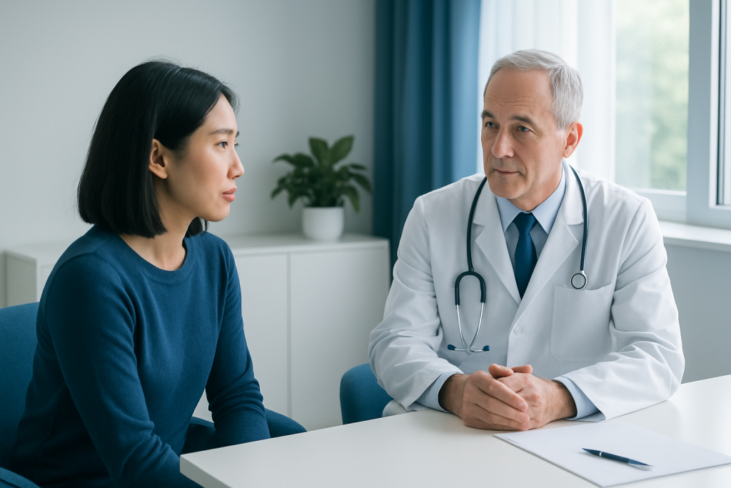 Doctor consulting with a female patient in a modern hospital room.