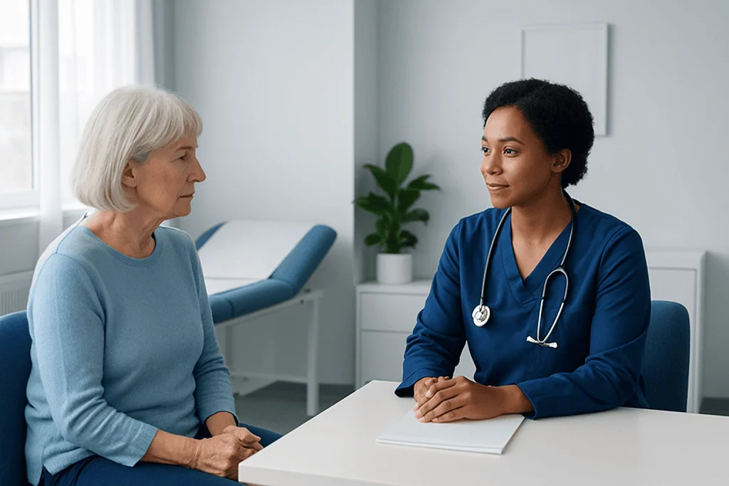 Doctor consulting with elderly patient in a modern hospital room.