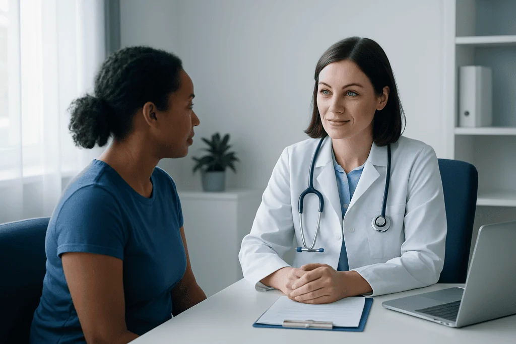 Doctor consulting with a patient in a modern medical office.