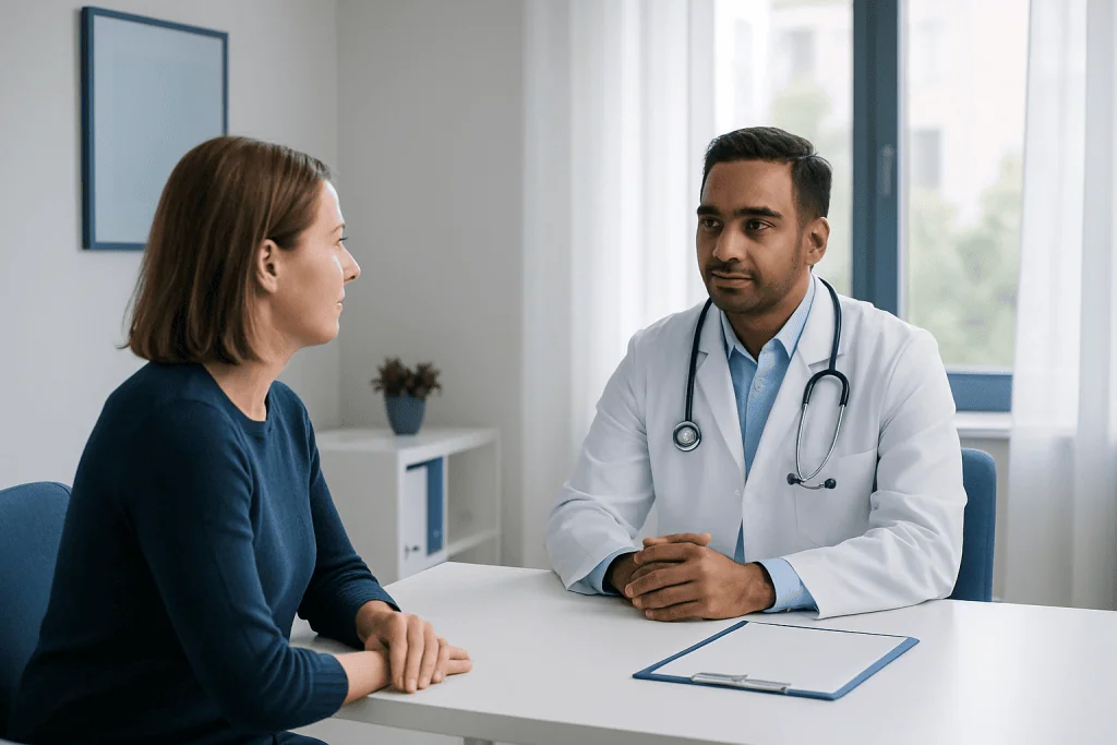 Doctor consulting with female patient in a modern clinic setting.