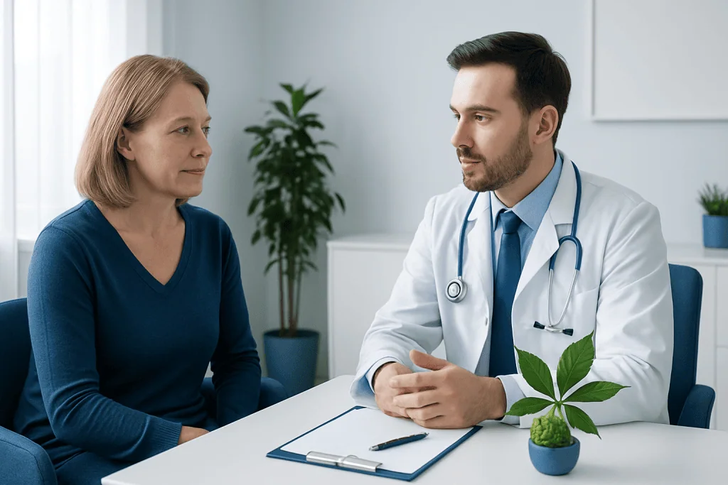 Doctor consulting with a female patient in a modern clinic setting.