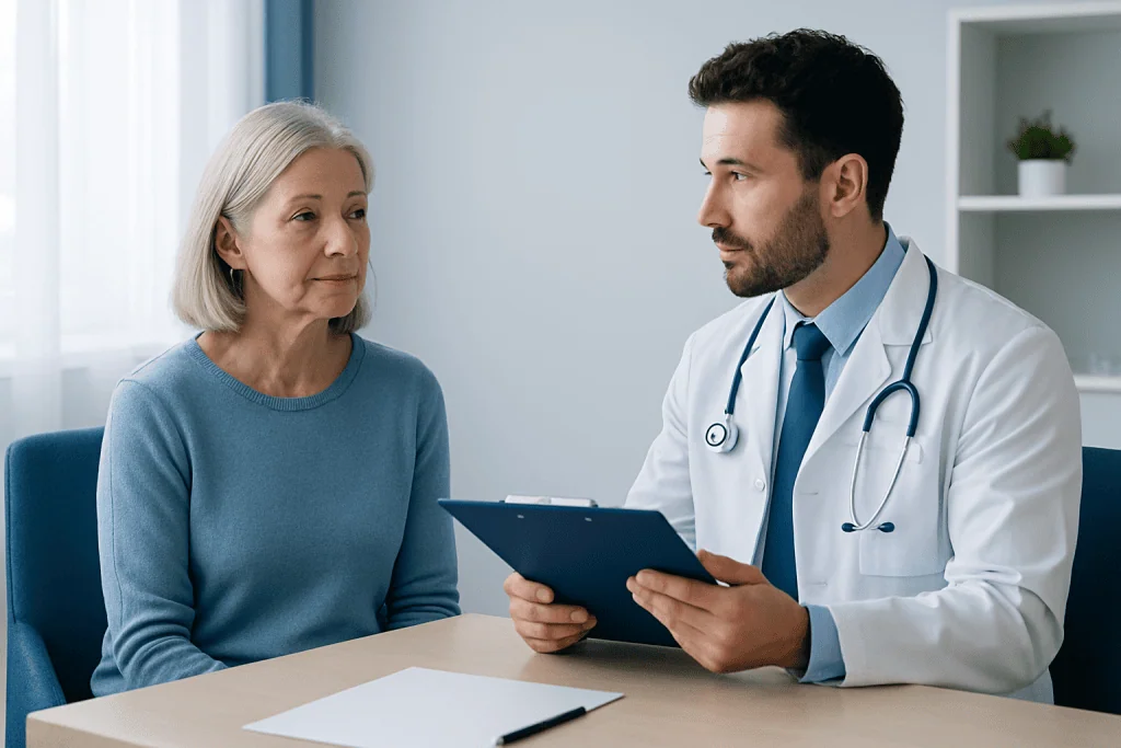 Doctor consulting with an elderly female patient in a medical office.