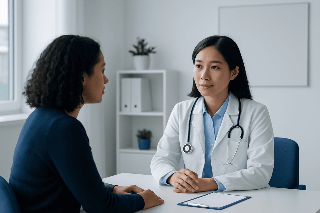 Doctor consulting with a patient in a modern medical office.