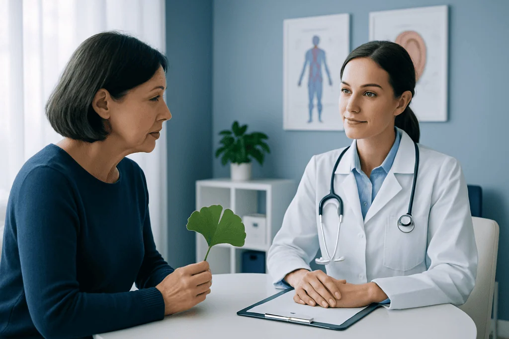 Doctor consulting a patient holding a ginkgo leaf in a medical office.