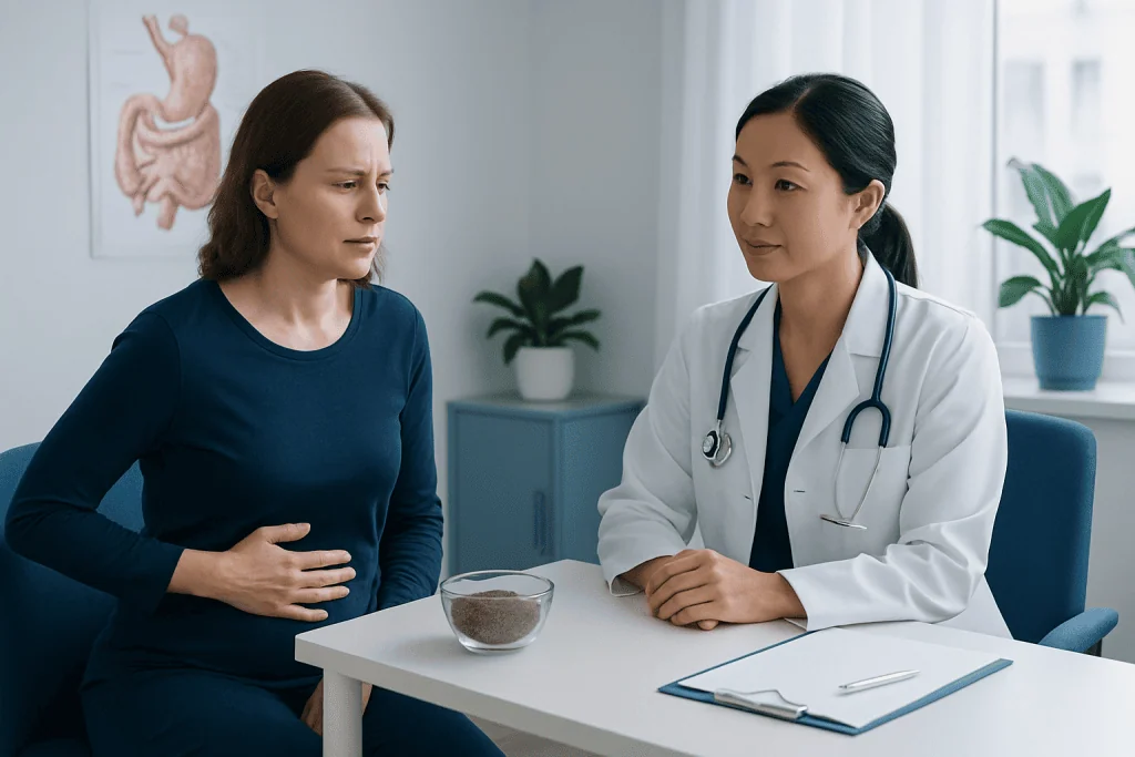 Doctor consulting with a patient about digestive health in a medical office.