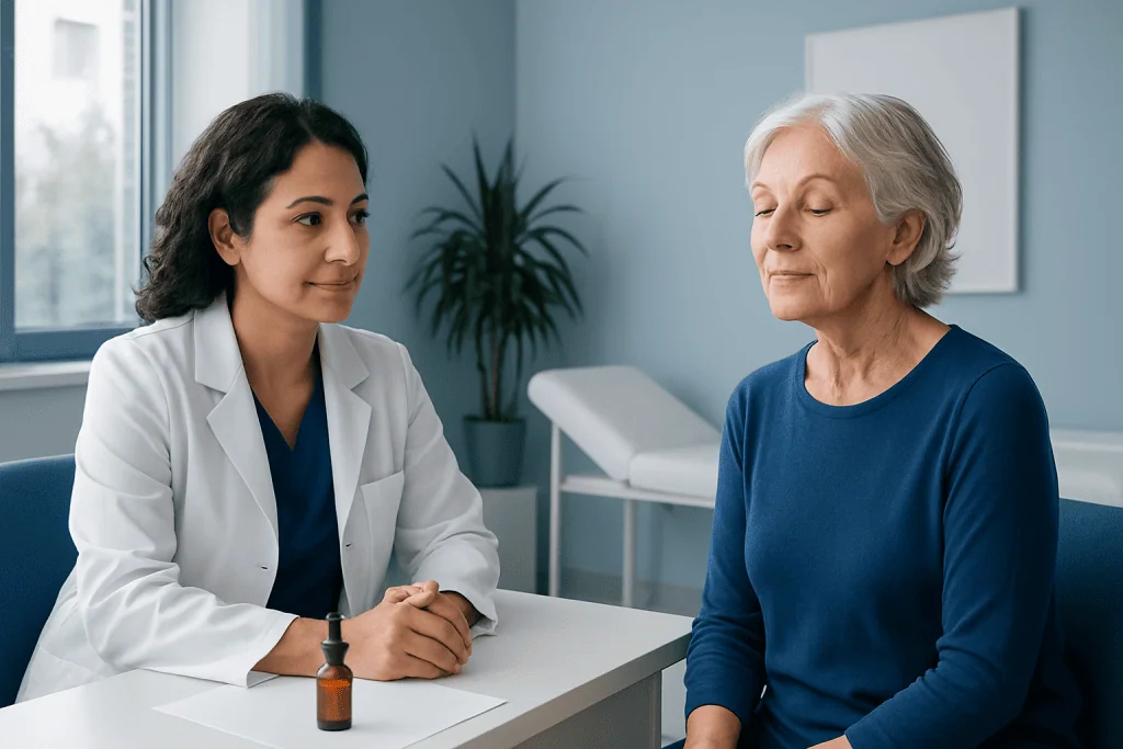 Doctor consulting with an elderly woman in a medical office.