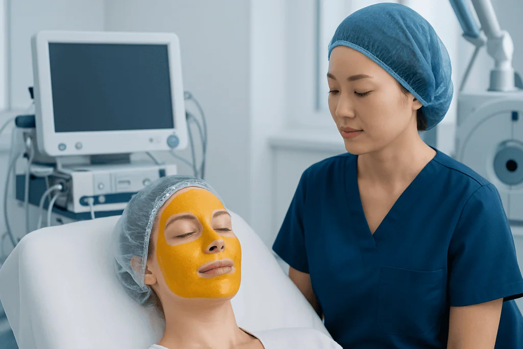 Patient receiving facial treatment with a turmeric face mask at a medical clinic.