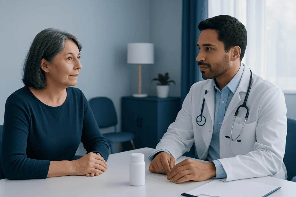 Doctor consulting with an older female patient in a medical office.