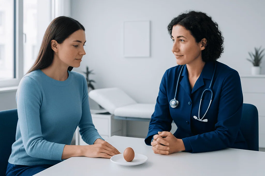 Doctor discussing egg diet with patient in a clinical setting.