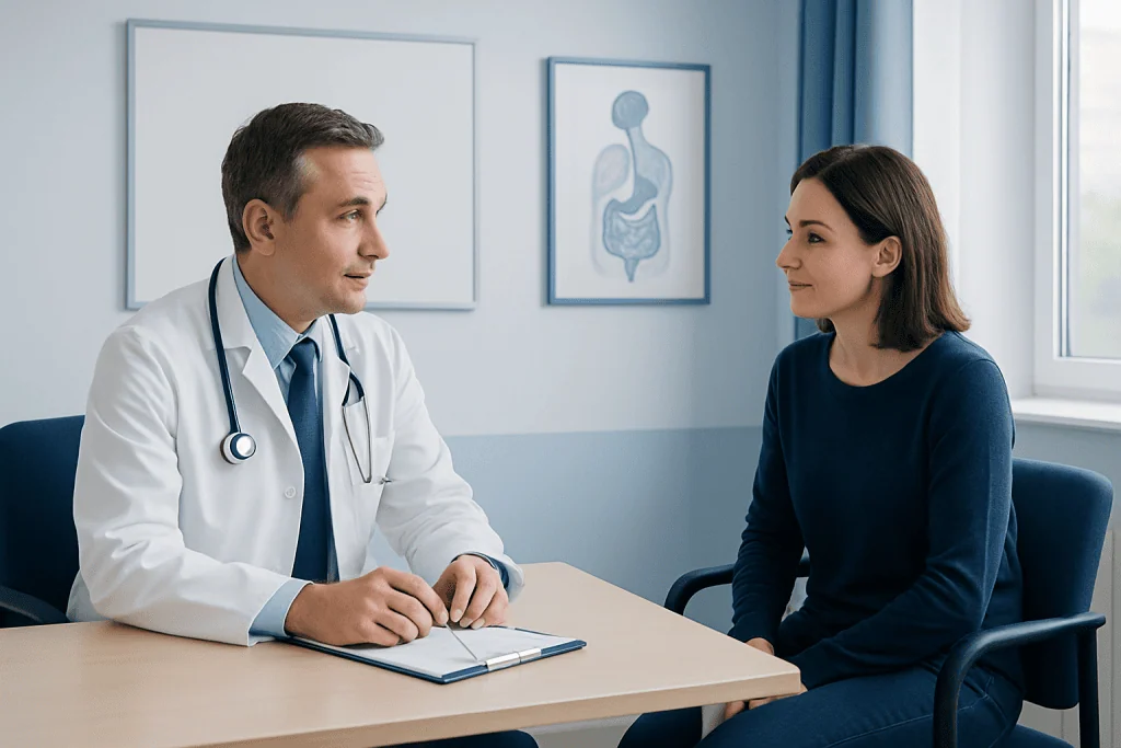 Doctor consulting with a female patient in a medical office setting.