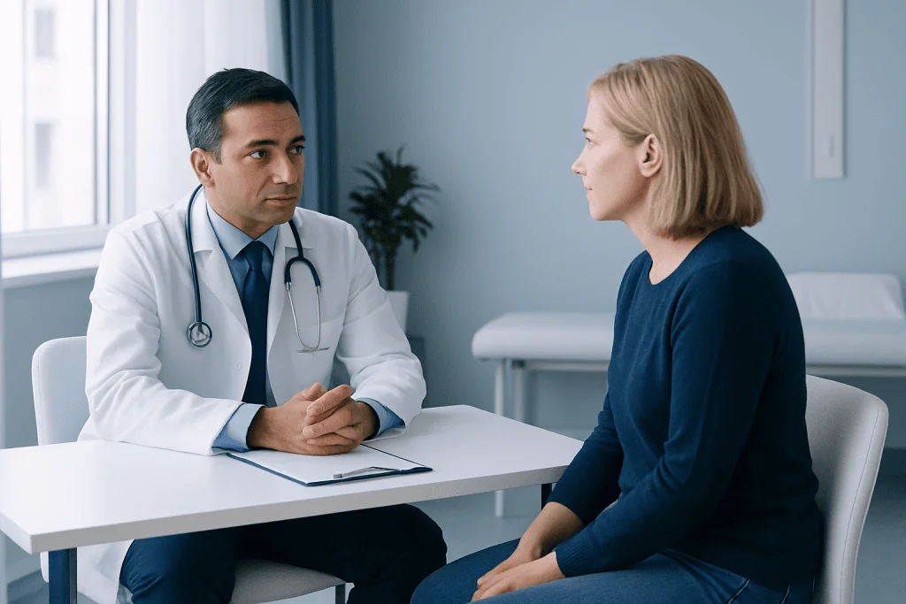 Doctor consulting with a female patient in a medical office.