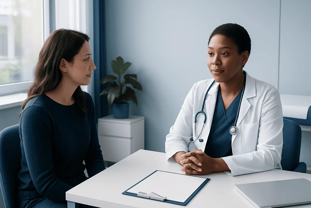 Doctor consulting with a patient in a modern hospital office.