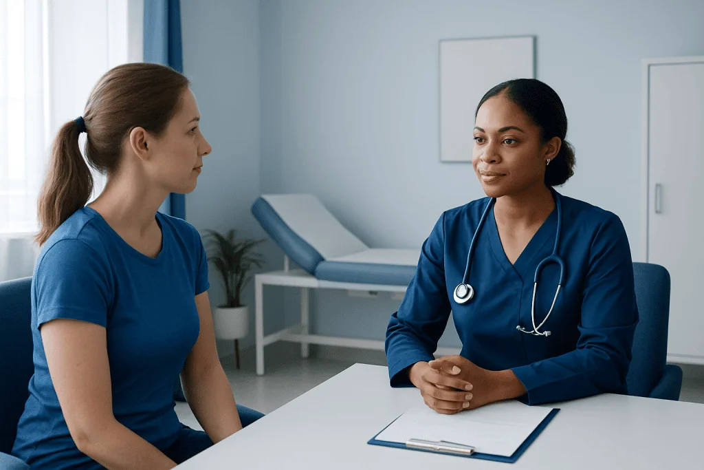 Doctor consulting with a patient in a medical office setting.