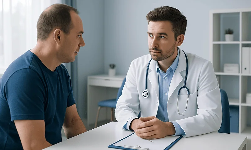 Doctor consulting with male patient in a medical office setting.