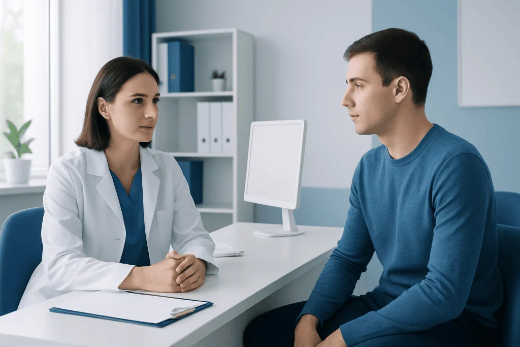 Doctor consulting with a patient in a modern medical office.