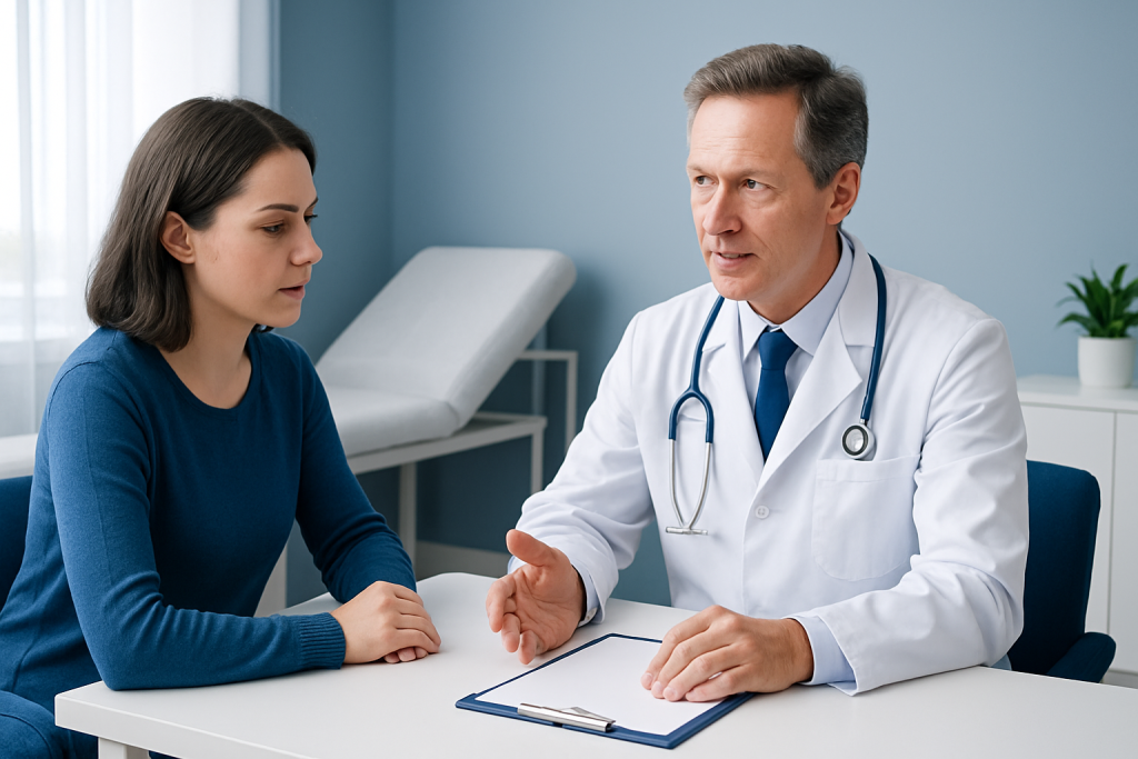 Doctor consulting with a young woman in a medical office setting.