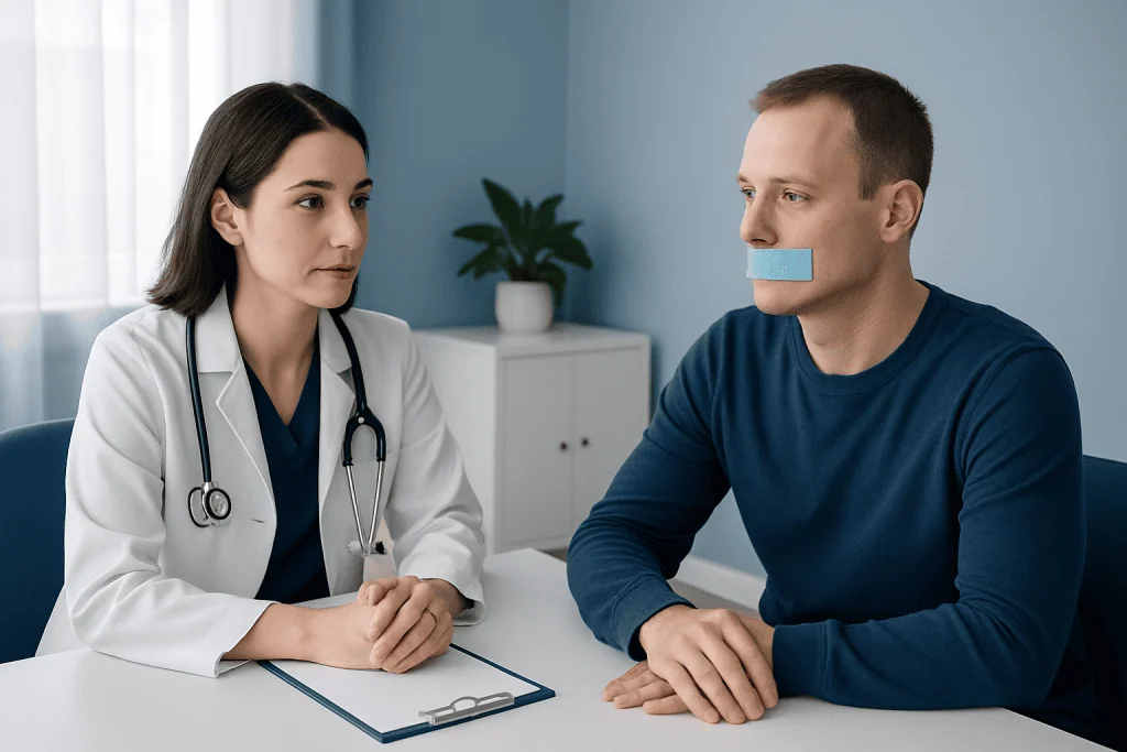 Doctor consulting patient with tape over patient's mouth in a clinical setting.