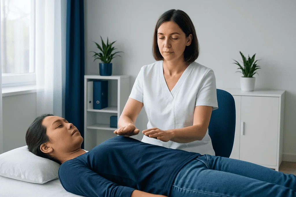 Therapist performing Reiki on a patient lying on a treatment bed.