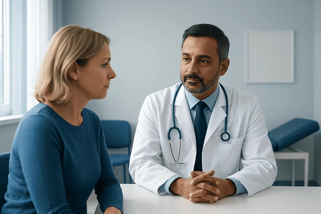 Doctor consulting with a female patient in a medical office.