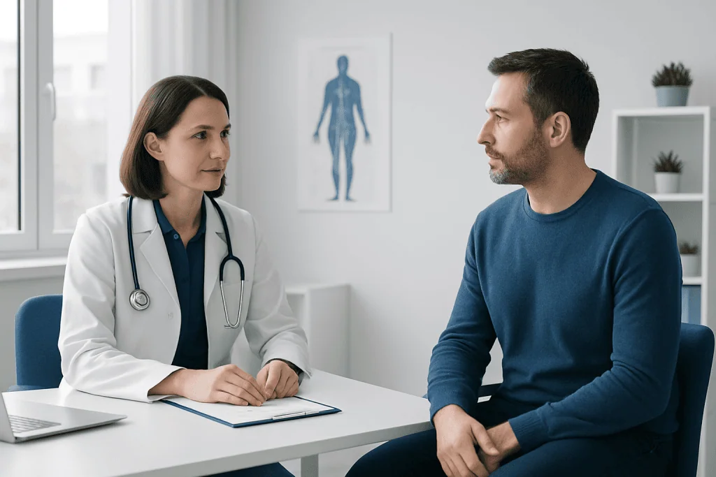Doctor consulting with patient in a medical office setting.
