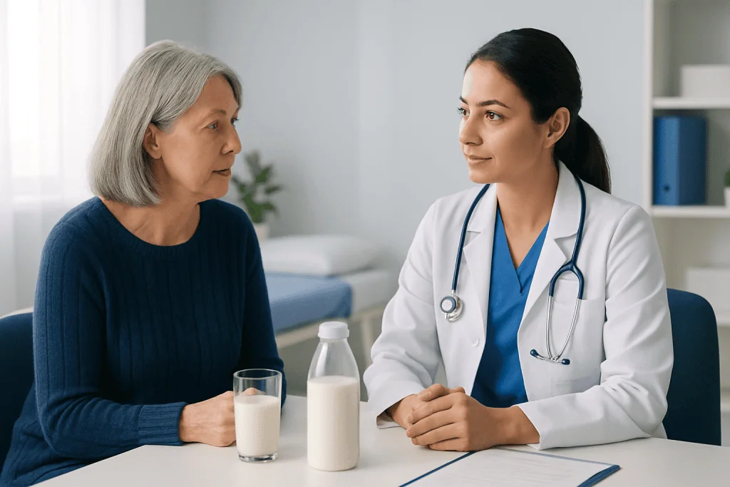 Doctor consulting with elderly woman about health in a medical office.