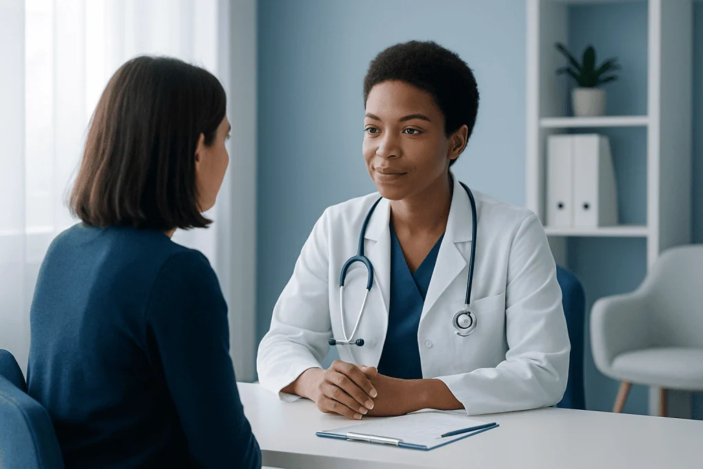 Doctor consulting with a patient in a modern medical office.