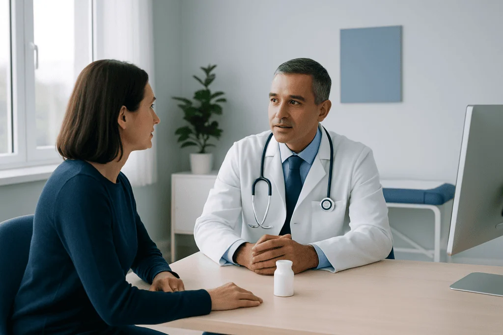 Doctor consulting with a female patient in a modern medical office.
