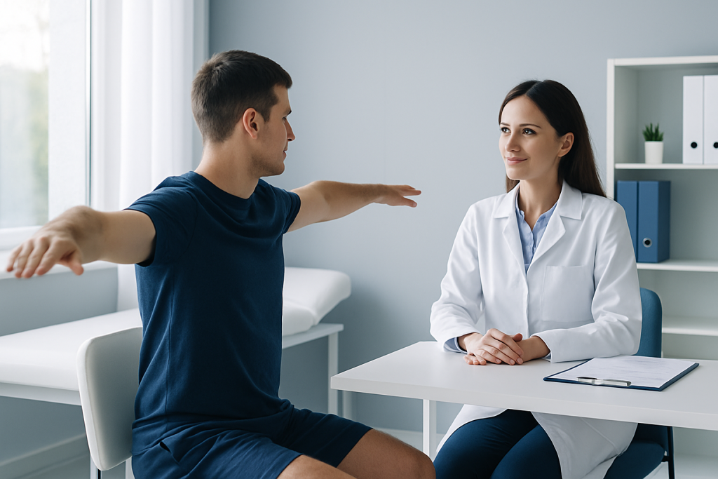 Patient doing arm circles during medical consultation at clinic.