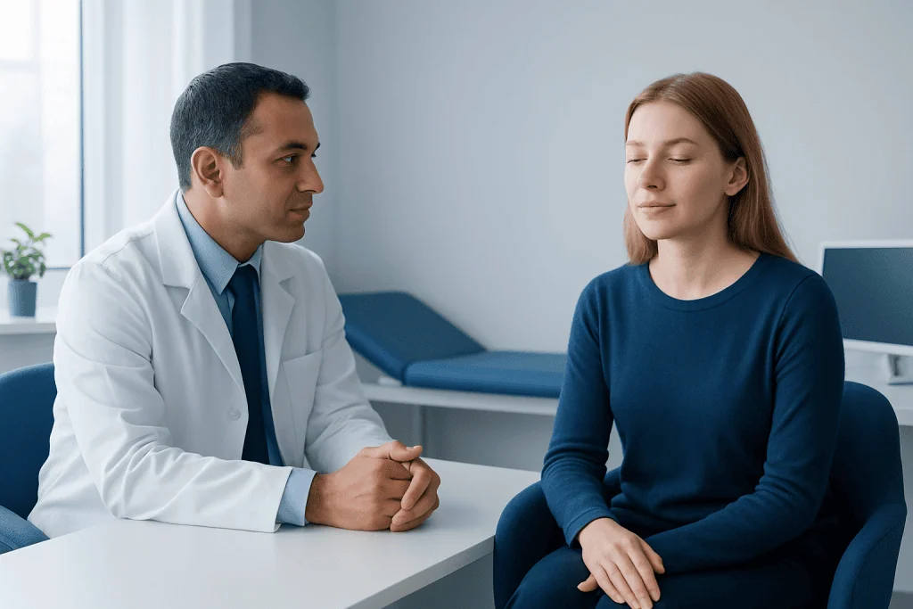 Doctor consulting with a young woman patient in a medical office.