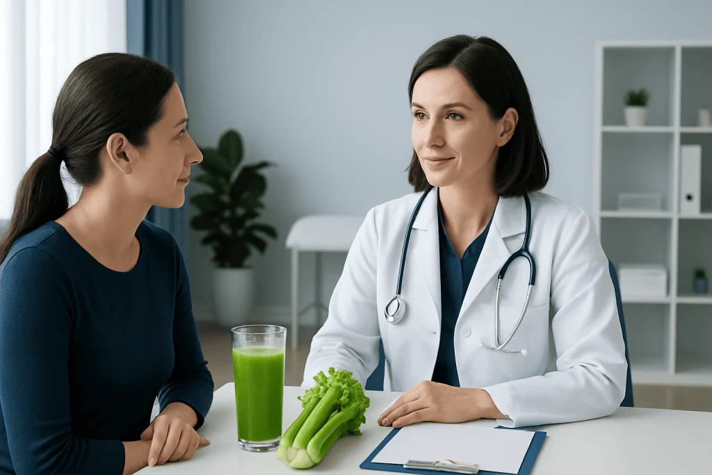 Doctor consulting a patient about celery juice health benefits in a clinic.