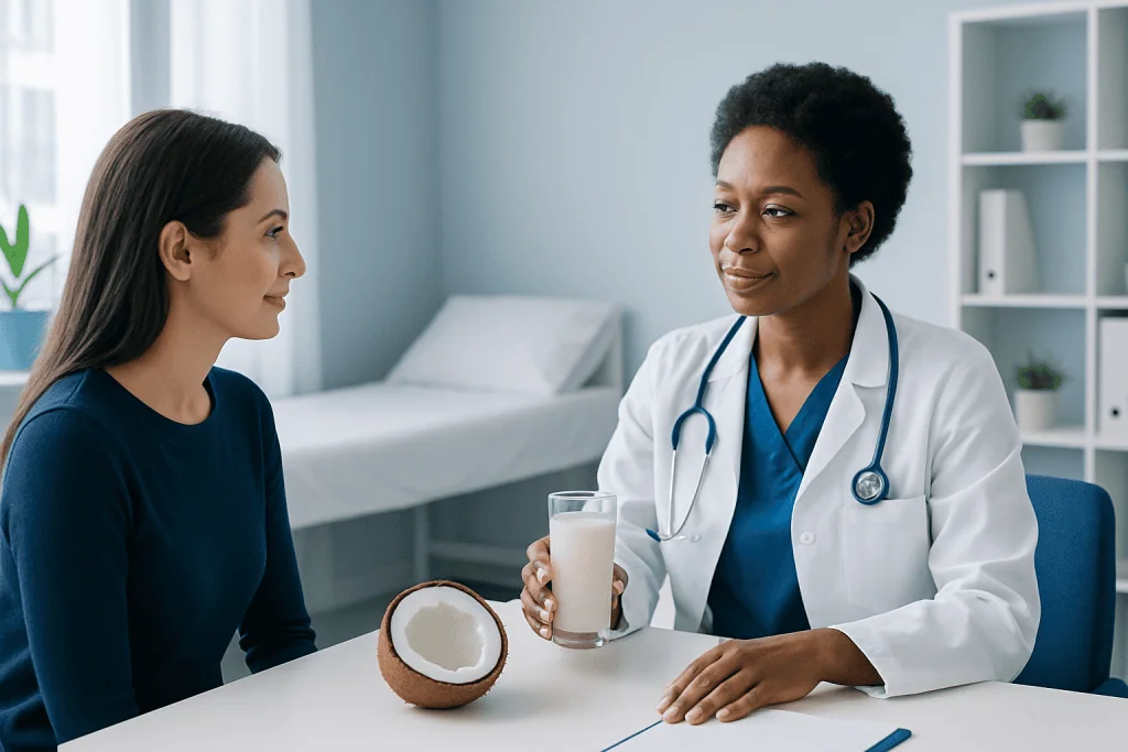 Doctor explaining coconut milk benefits to patient in a medical consultation.