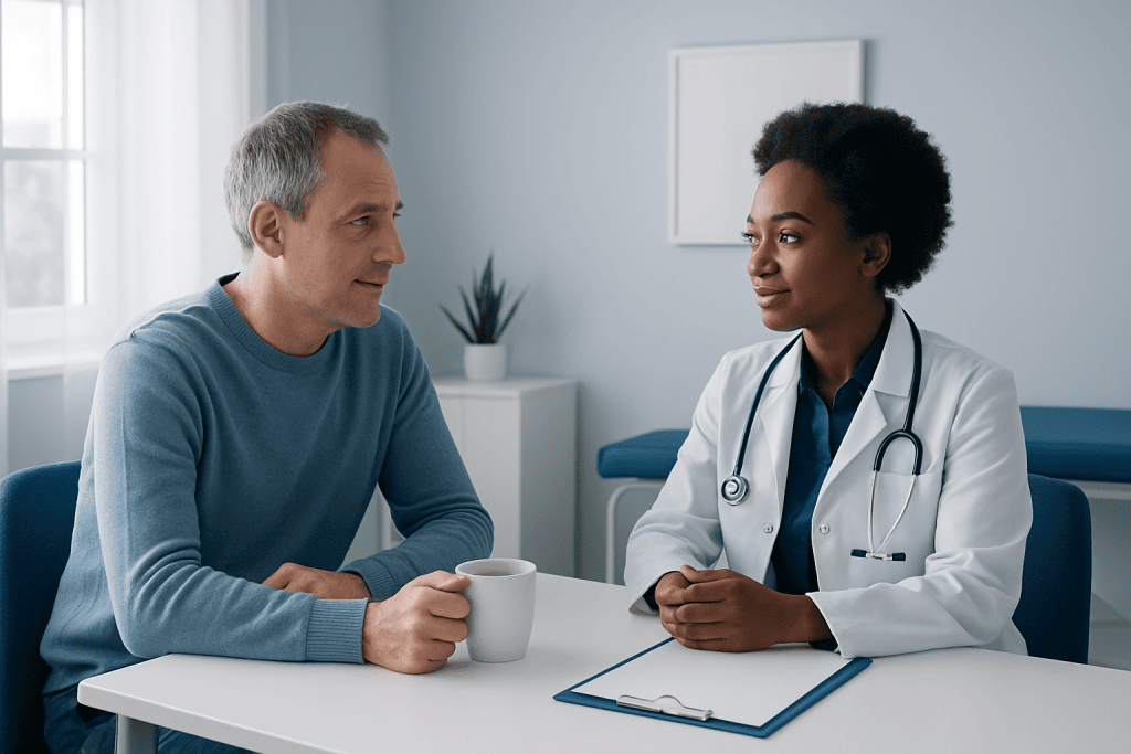 Doctor consulting with a male patient in a medical office.