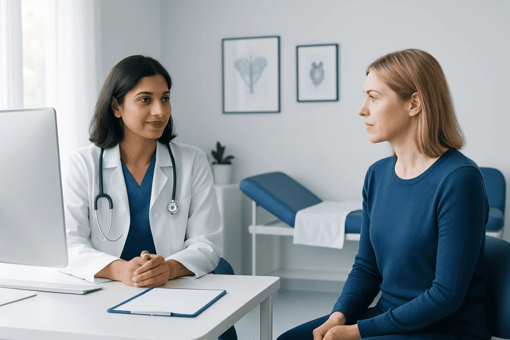 Doctor consulting with a patient in a modern medical office.