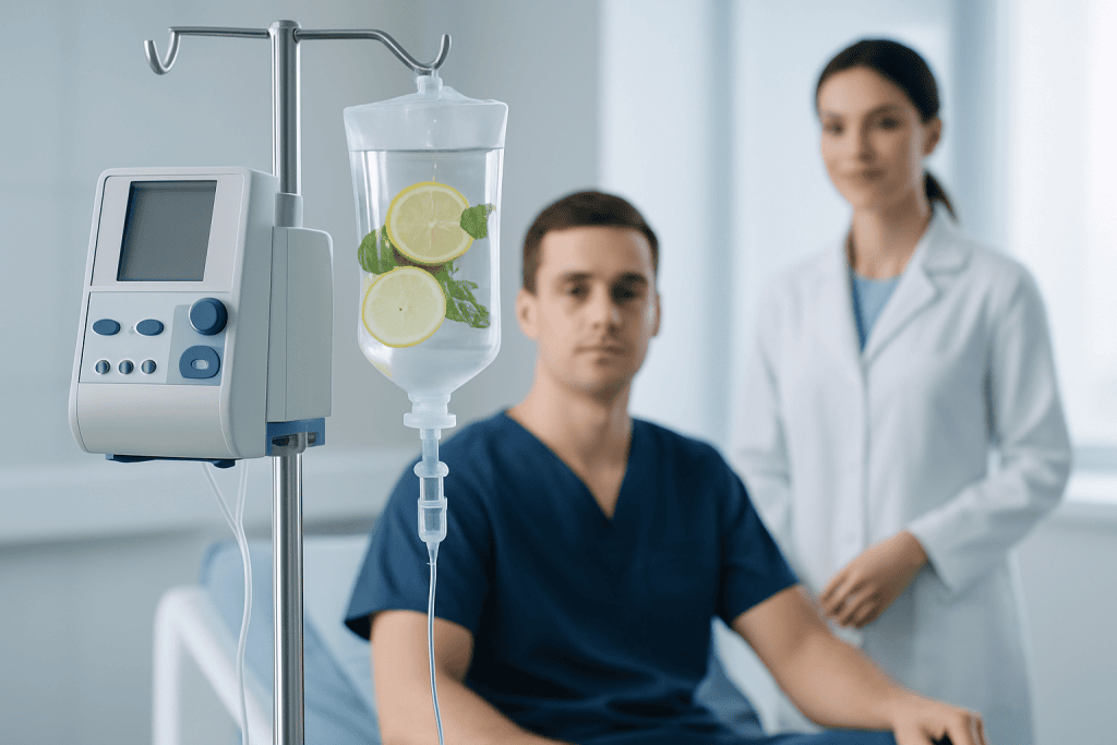 Medical infusion therapy with lemon and mint in hospital setting.