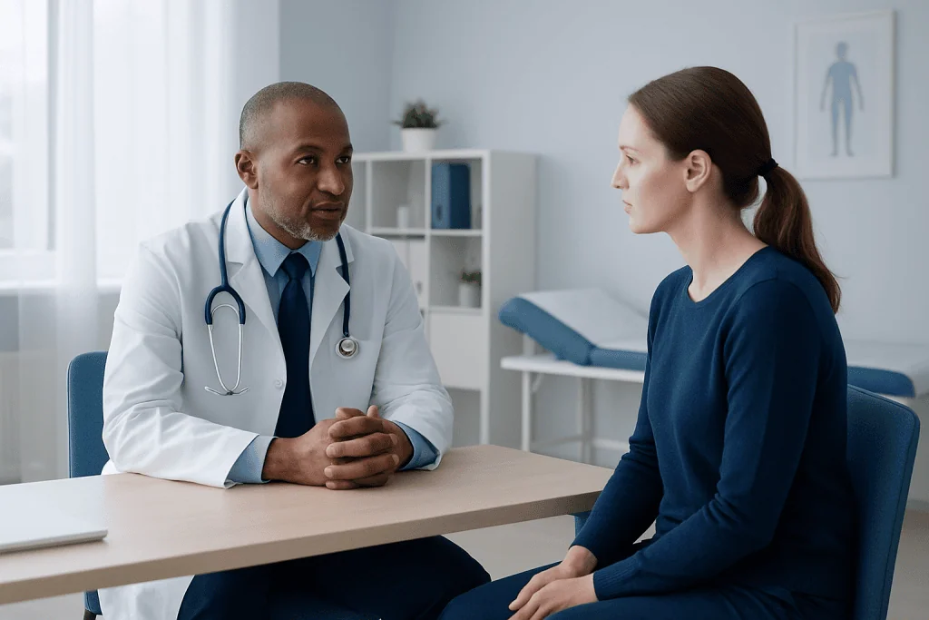 Doctor consulting with a female patient in a medical office.